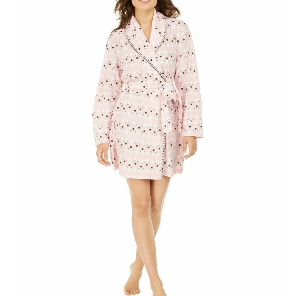 Muk Luks Women's Cozy Fleece Winter Lounge Short Robe, Pink Snowman, Large
